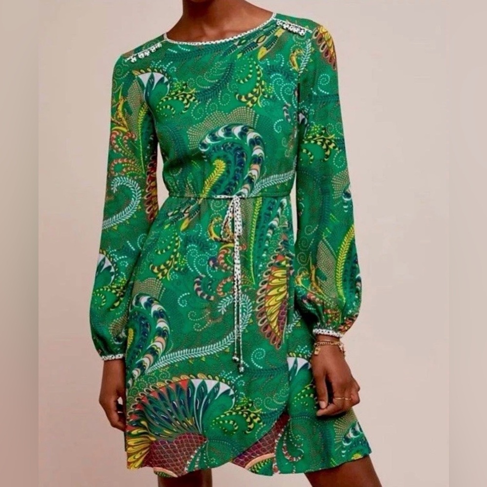 Maeve Green Paisley-Print Long-Sleeve Mini Dress